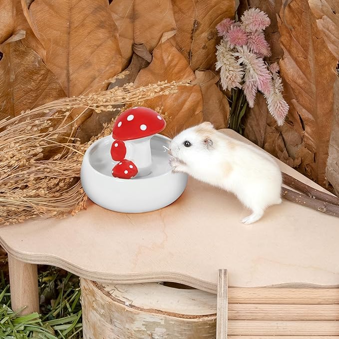 Niteangel Ceramic Hamster Habitat Hideout (Mushroom-Shaped Feeding & Water Bowls)