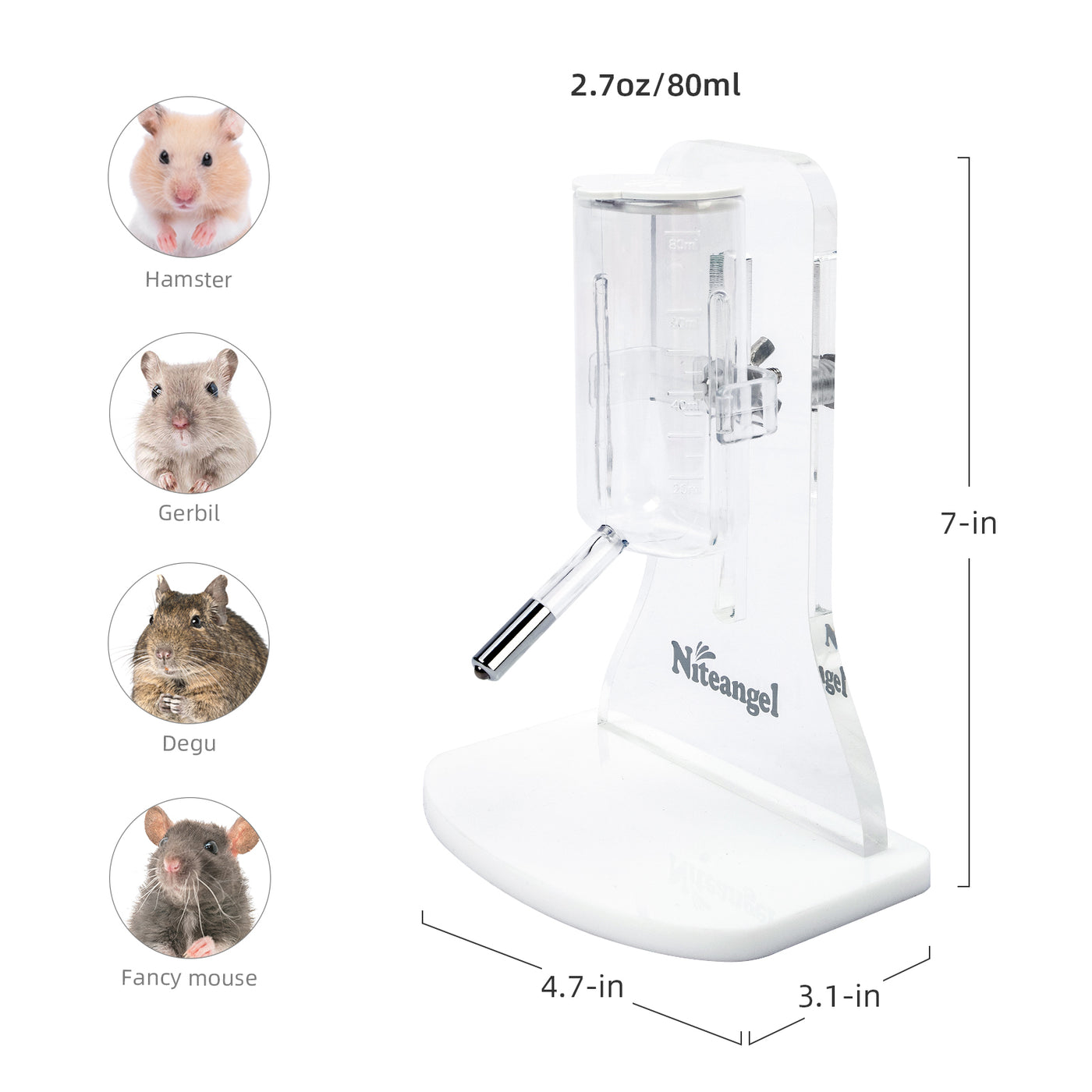 Niteangel 80ml Hamster Water Bottle W/ Stand Gerbil Water Feeder Dis — Niteangel Pet