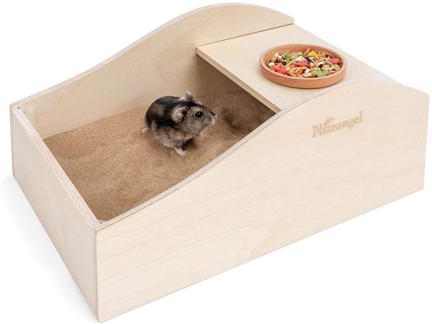 Niteangel Large Wooden Sand Bath with Hideout and Food Bowl for Hamsters