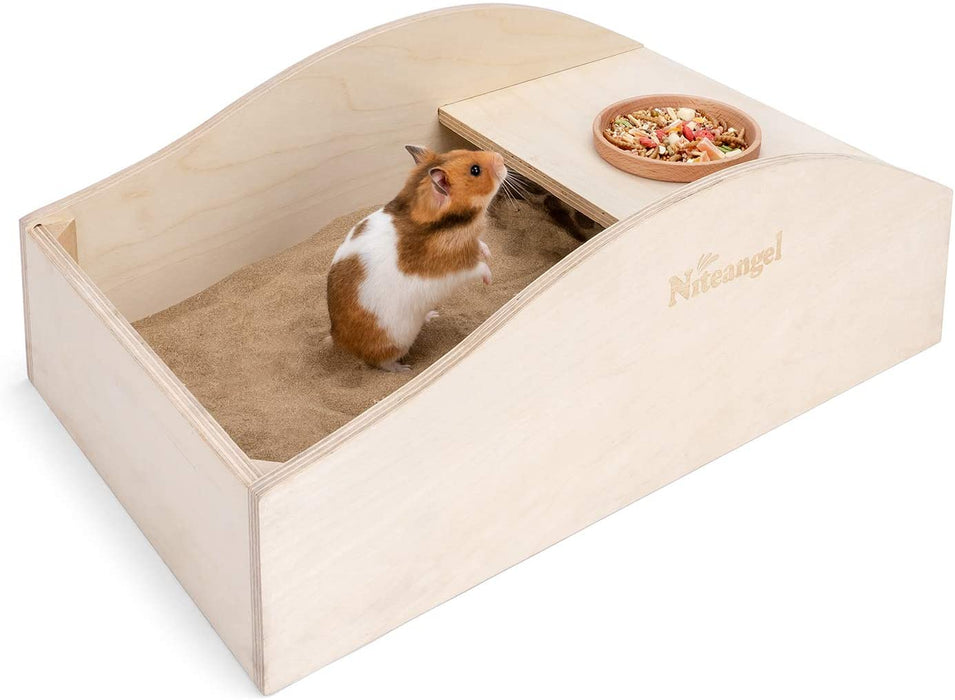 Niteangel Large Wooden Sand Bath with Hideout and Food Bowl for Hamsters